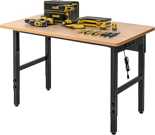 Miniatura 9 de Banco de trabajo ajustable de 48 pulgadas con ruedas, mesa de trabajo rodante para garaje, banco de trabajo de madera dura de capacidad de 2000