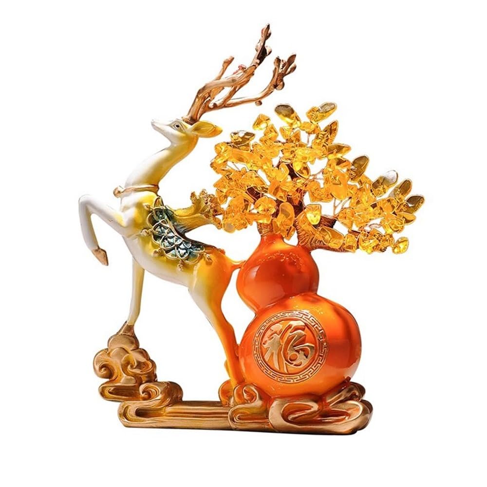 Fortune Crystal Trees Crystal Money Tree with Deer Figurines, Feng Shui of Life Sculpture, Living Room Desk Citrine Decor