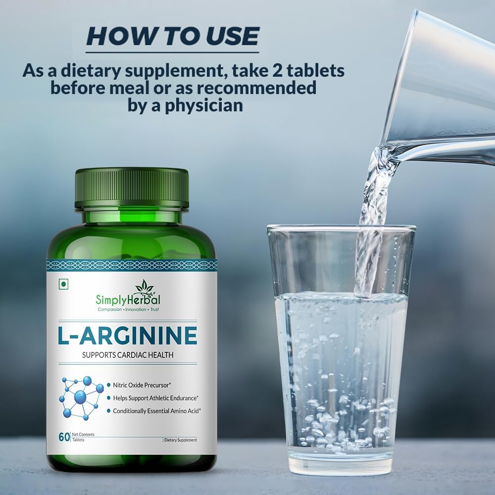 Simply Herbal L-Arginine Supplement 500 mg Pre-Post Workout for Men and Women, Supports Muscle Building Amino Acid, Promotes Strength, Performance & Energy - 60 Tablets