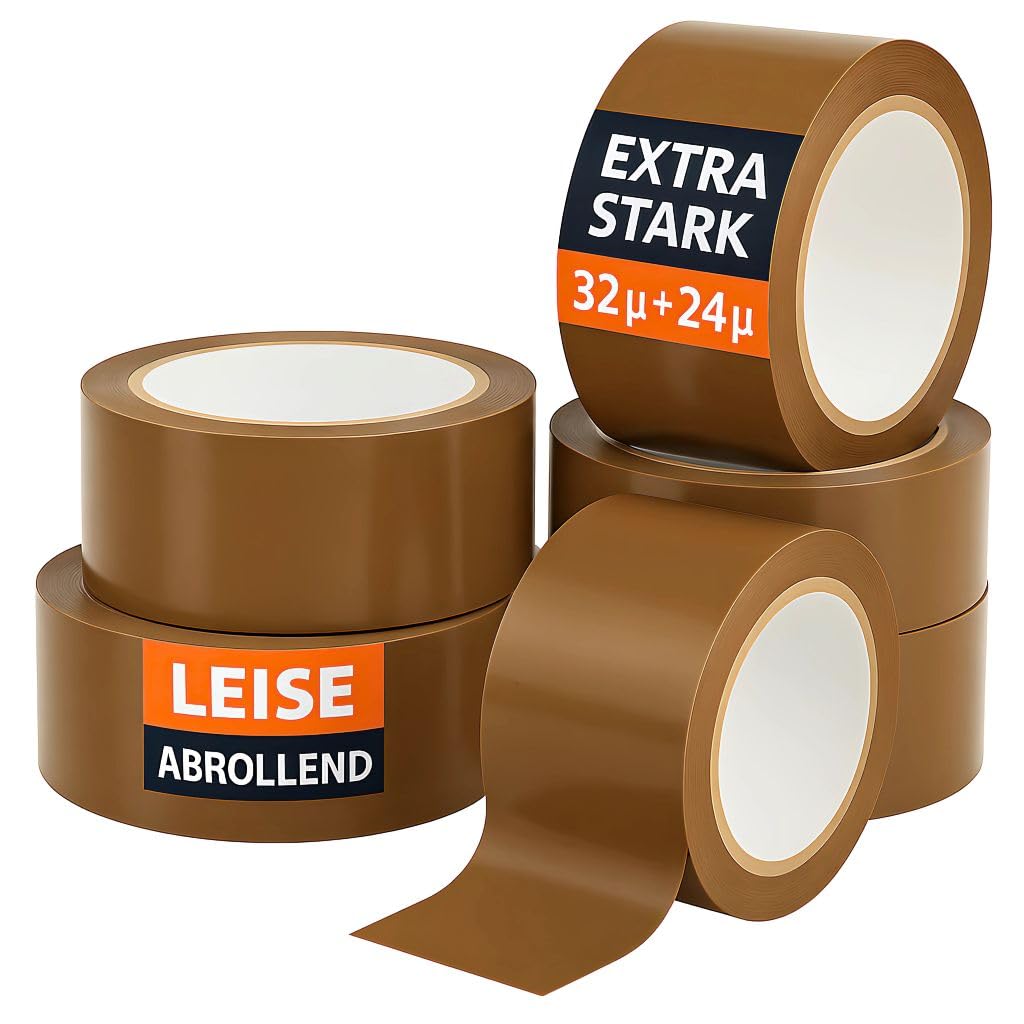 Toneco Klebeband - EXTRA STARK 56μ - LEISE ABROLLEND - Geruchlos & Geräuscharm - Paketband, Verpackungsband zum Verpacken von Paketen und Versandschachteln - BRAUN - 6 Rollen je 66 m (6) (36)