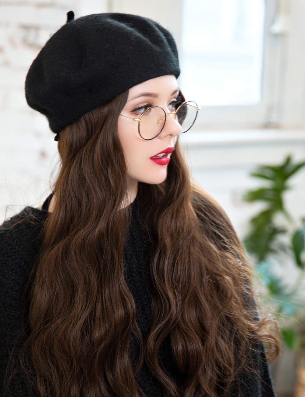 Two in One Beret & Wig Together Straight Vintage Style Hairpiece for Women Christmas Dress Up Wavy Chocolate