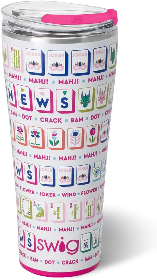 Swig Life 32oz Insulated Tumbler, Travel Coffee Tumbler with Lid, Cup Holder Friendly Travel Coffee Mug, Stainless Steel, 32 oz, Reusable Insulated Mug with Lid (Mahjong)