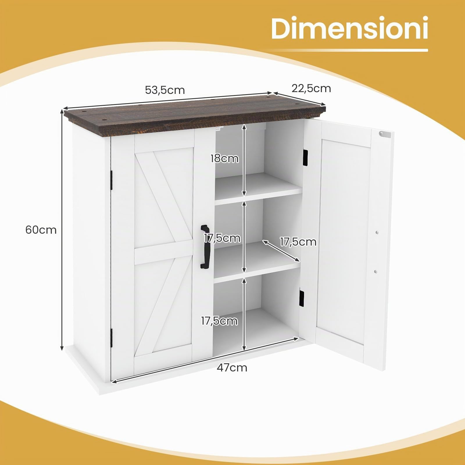 COSTWAY Mobile da Parete per Bagno, Mobiletto Salvaspazio Farmhouse per Farmacia con 2 Ante e Ripiani Regolabili, Specchio Contenitore per Soppalco Sopra il WC per Cucina, Lavanderia e Ingresso