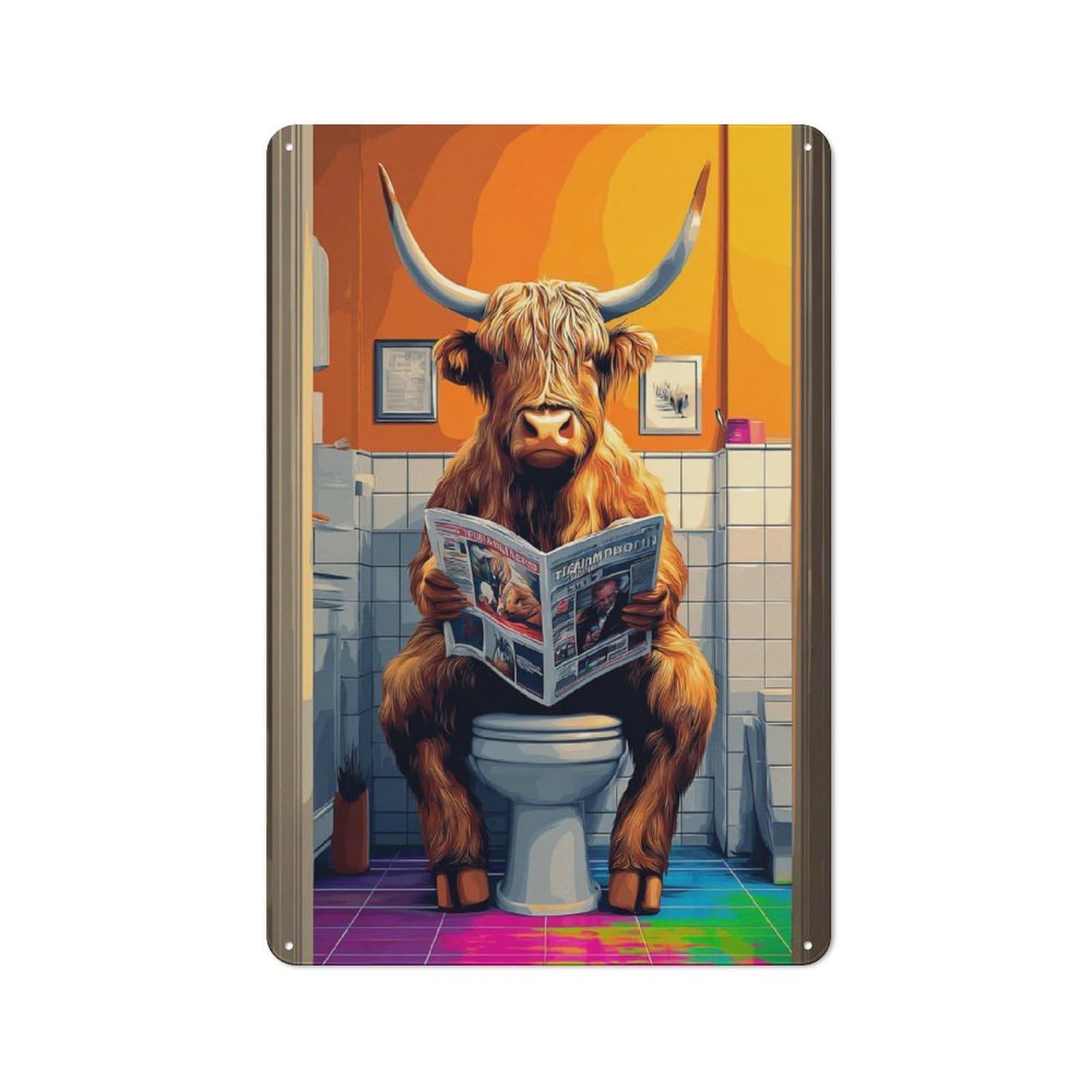 Highland Cow Reading Newspaper on Toilet Retro Metal Plaque 30x20cm for Living Room Or Hallway, for An Autumn Wall Display in Living Room And Hallway