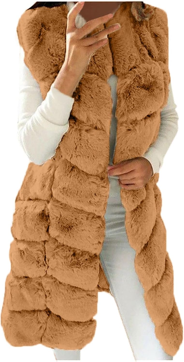 SACFOF Womens Faux Fur Vest Winter Sleeveless Warm Jacket Sherpa Vest Plus Size Fuzzy Fleece Open Front Cardigan Outerwear