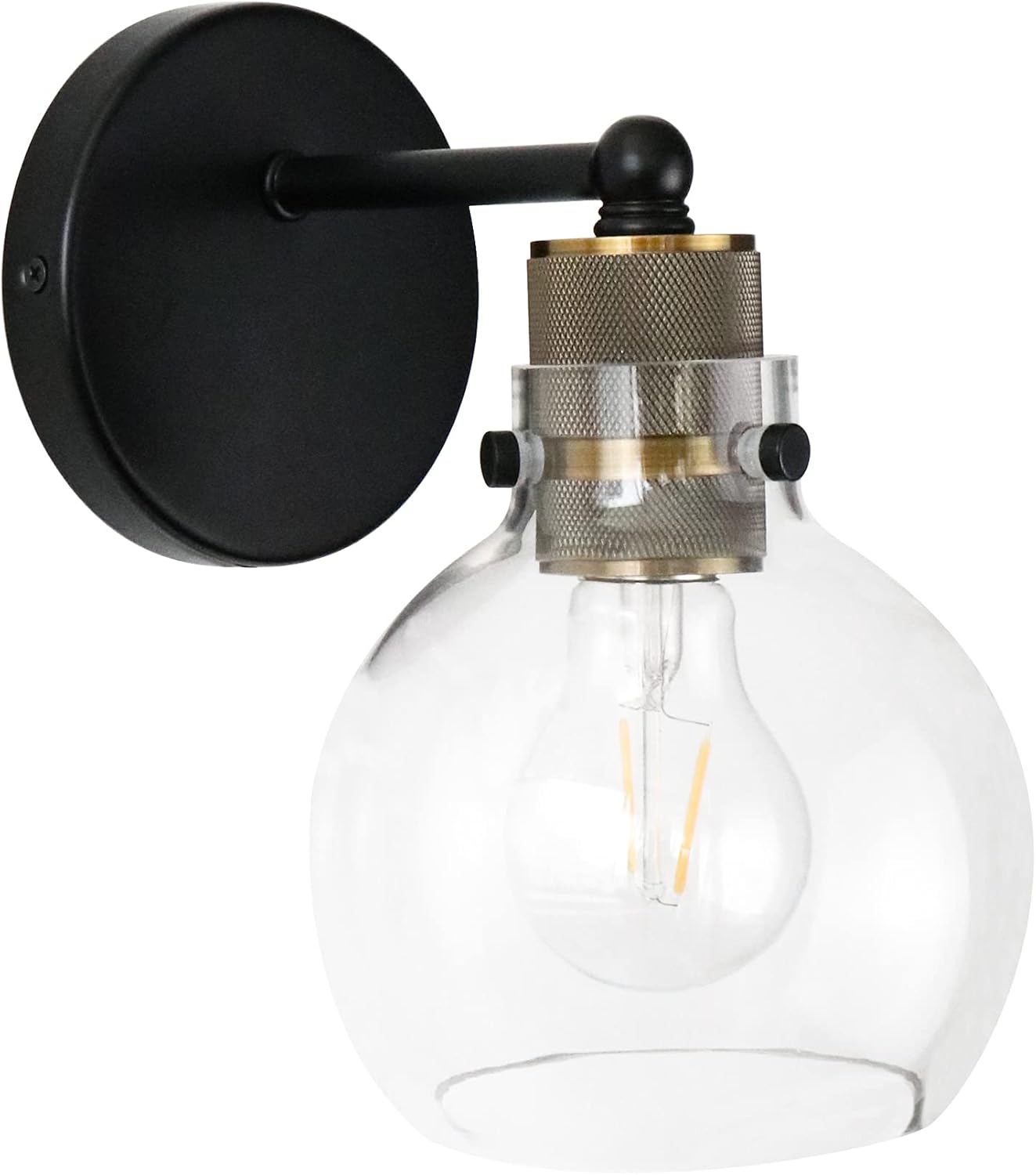 MONKFISH Modern Industrial Wall Sconce Light with Glass Globe Shade, Black & Brass Wall Lamp Fixture for Bathroom, Bedroom, Hallway & Living Room, E26 Socket, UL Listed