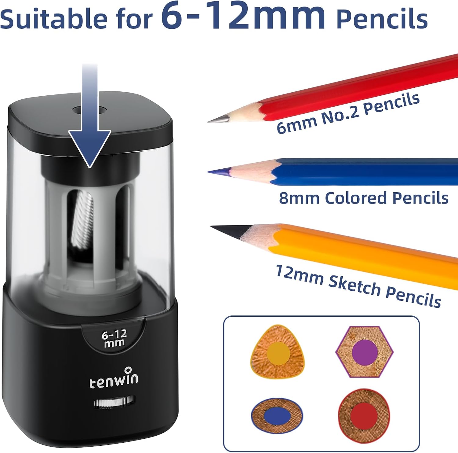 Tenwin Electric Pencil Sharpener - Auto Stop, Sharp & Fast, for 6-12mm Colored Pencils, Ideal for Home & Classroom (Black)