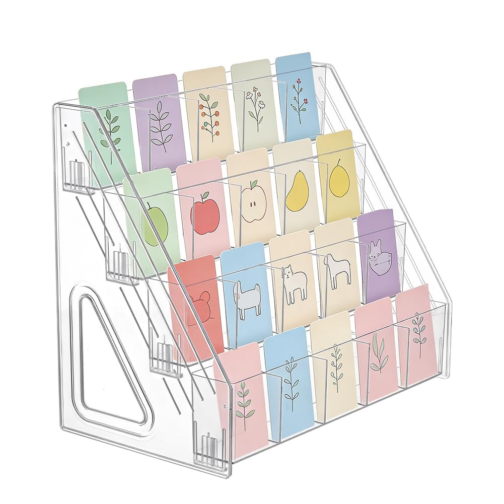 NBEADS 1 Set Bookmark Display Stand, 4-Tier 20-Grid Acrylic Card Display Stand Portable Sticker Holder for Vendor Events Retail Greeting Cards Postcards Stickers Brochures, 33.3x19.3x29cm