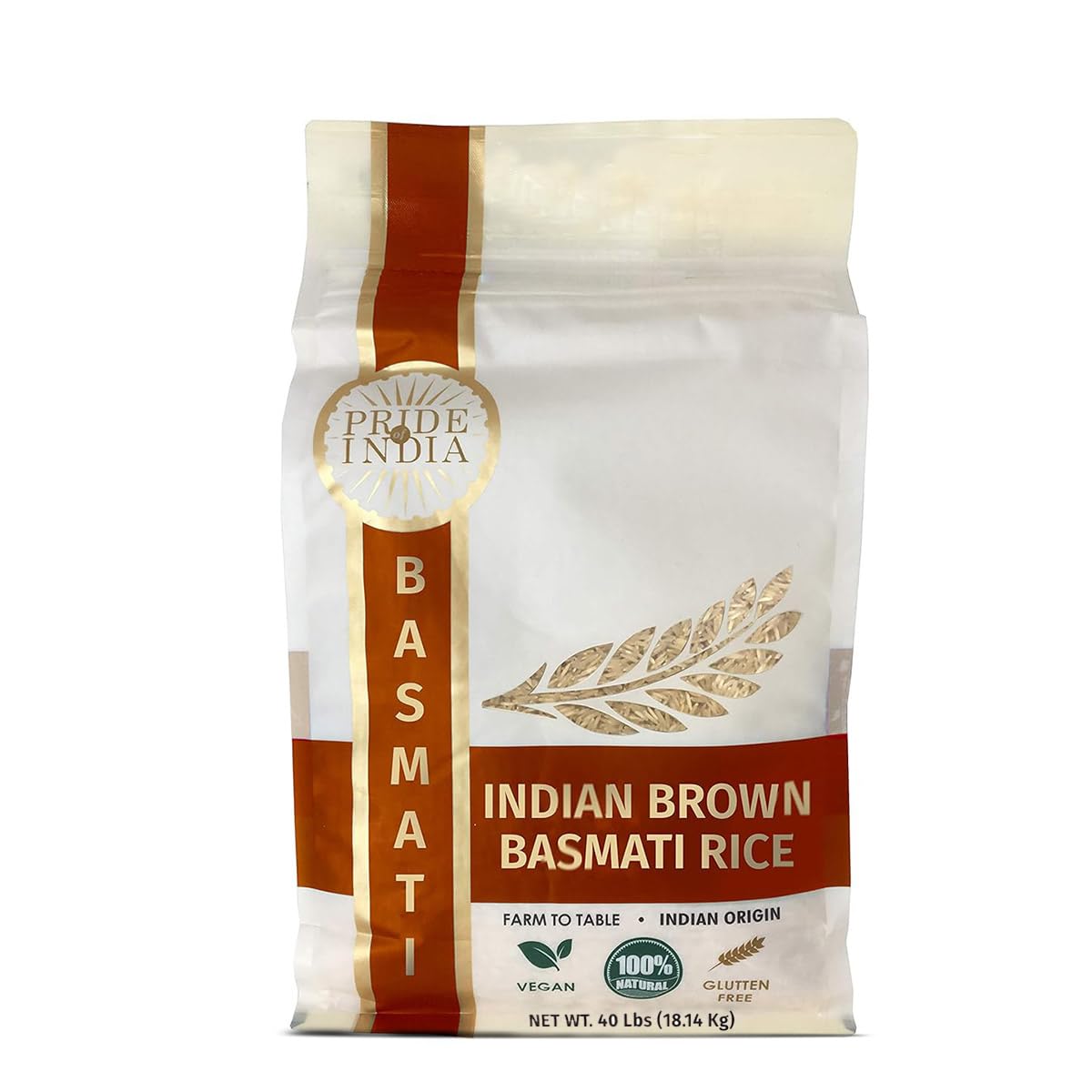 Pride Of India - Extra Long Indian Premium Brown Basmati Rice, 40 Pound (18.14 Kilo) Non Woven Cloth Bag - Naturally Aromatic, Aged, Flavorful, Slender, Non Sticky Whole Grains - 400+ Servings