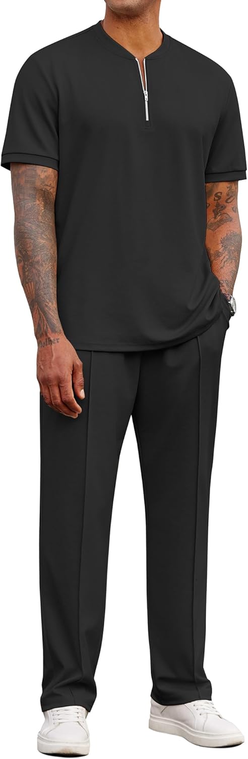COOFANDY Men’s 2 Pieces Outfits Casual Quarter Zip Polo Shirt and Jogging Pants Summer Tracksuits Set