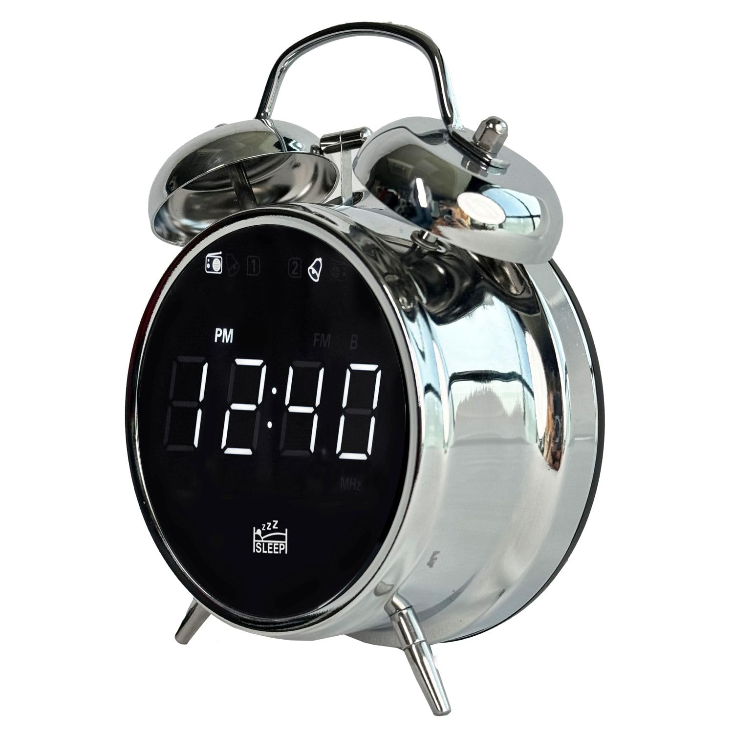 SILVA Schneider URW 240 - Radio de reloj retro con función despertador, doble campana, pantalla regulable, temporizador para dormir, despertador con timbre o radio, cromo