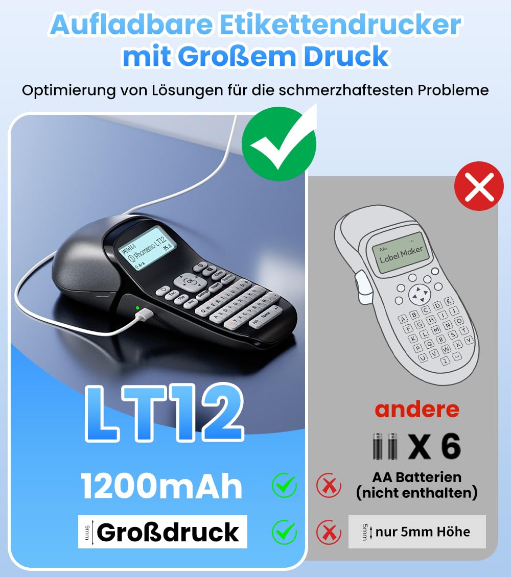 Phomemo LT12 Etikettendrucker: QWERTZ & Bluetooth, 3-in-1