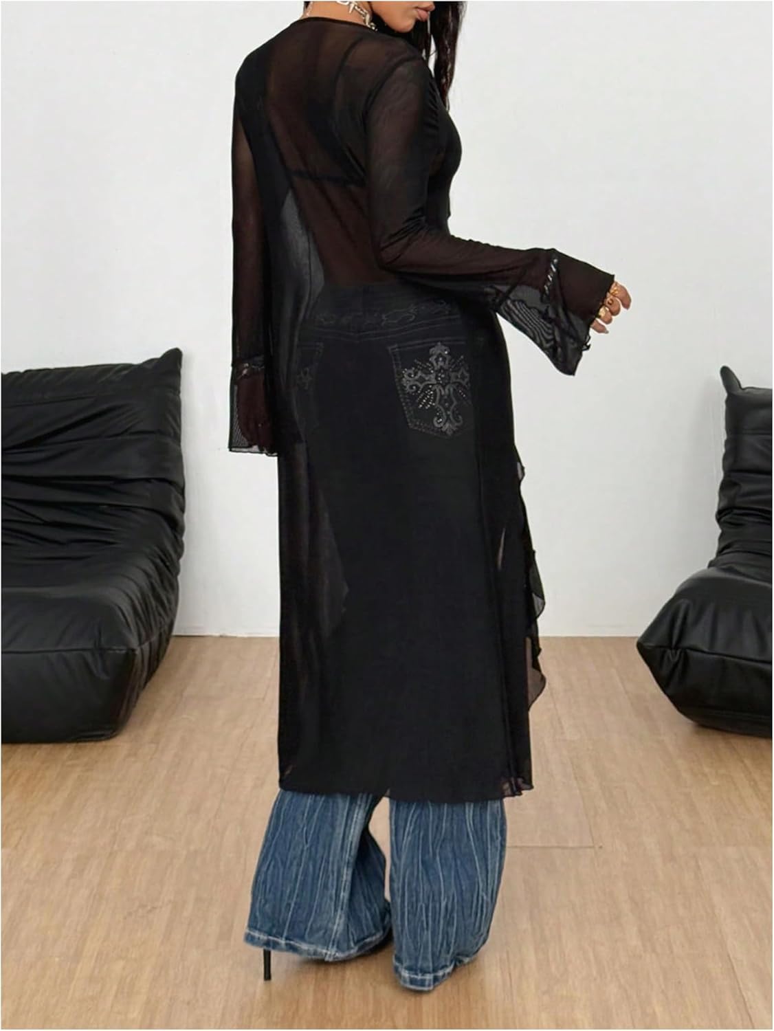 SweatyRocks Women's Sheer Mesh Y2K Tie Front Tops Bell Sleeve See Through Going Out Tops Party Outfits - Image 3