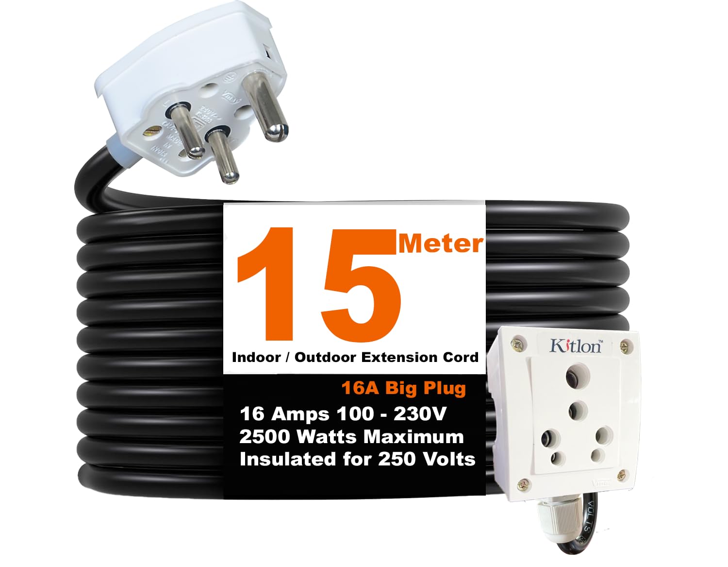 Kitlon Extension Board | Extension Cord Compatible with Indoor & Outdoor Ac, Washing Machine, Refrigerator Microwave and Heavy Appliances with 16A Universal Socket (3000W- 16A Big Plug, 15 Meter) (B0BVMBQGP8) Amazon Price History, Amazon Price Tracker