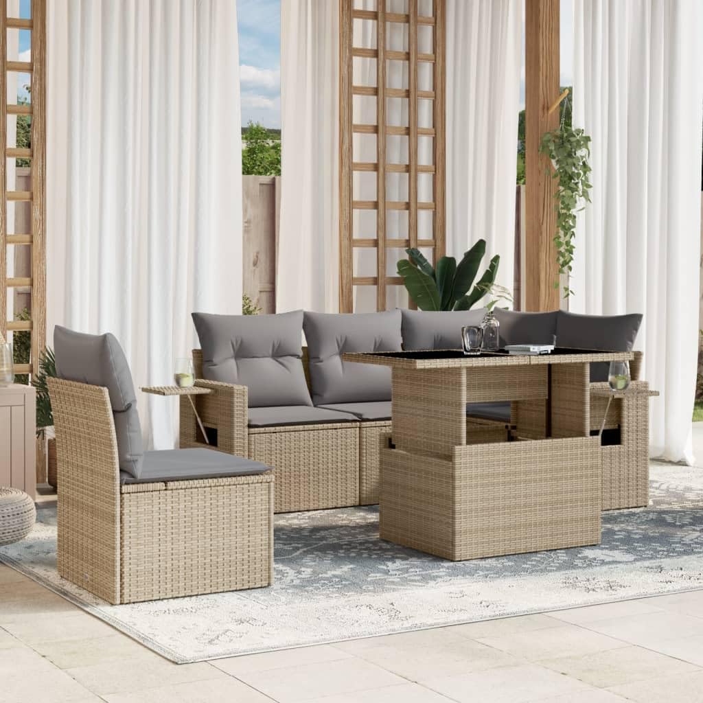 Set di mobili da giardino da 6 pezzi, con gruppo lounge e tavolo da pranzo, in polyrattan, per terrazza, balcone, esterno, resistente alle intemperie, facile da pulire