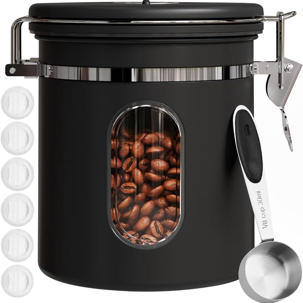 Hndhbfgrt Coffee Canister with Window, Airtight 16oz Stainless Steel Storage Container with Date Tracker and Scoop