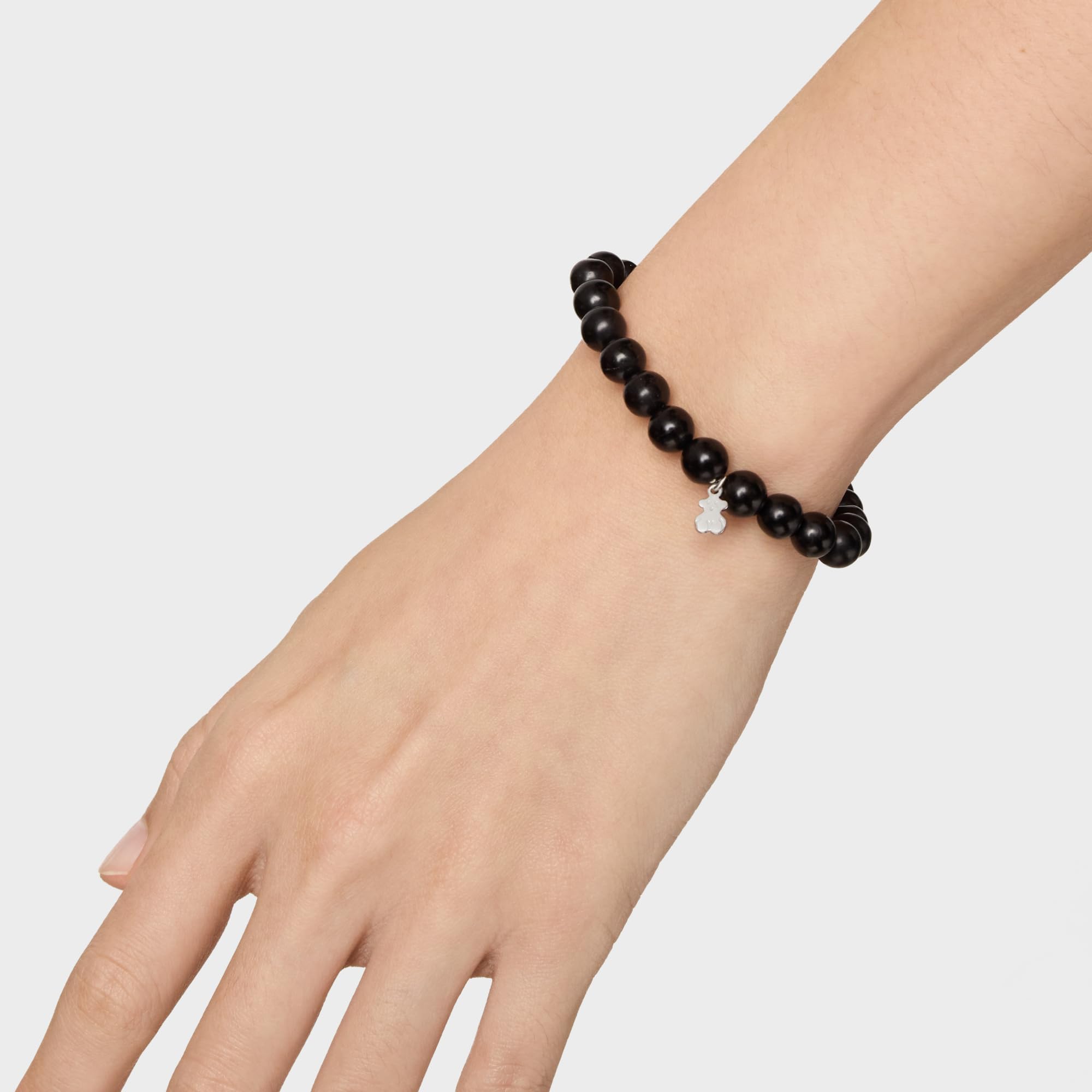 TOUS Bransoletka Elastyczna Czarna z Motywem Niedźwiedzia w Srebrze Pierwszej Proby dla Kobiet, 16,5 cm Długości, Kolekcja Basics
