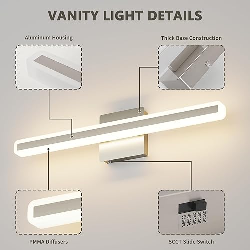 Miniatura 5 de JUSHENG Luces de tocador de níquel cepillado para baño, barra de luz regulable 5CCT, accesorios de iluminación LED modernos para baño sobre el