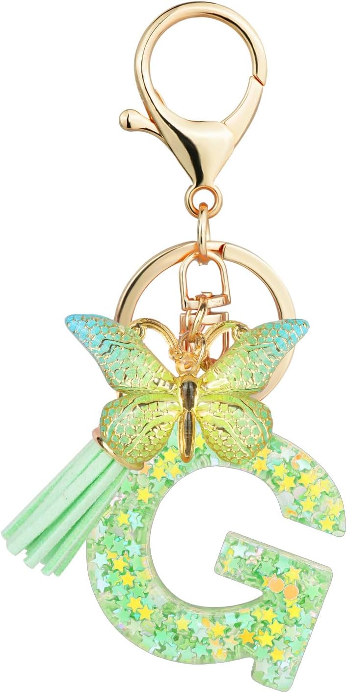 Initial Letter Keychain for Women Tassel Butterfly Pendant Key Ring Cute Car Keychain for Wallet Backpack Bag Charm