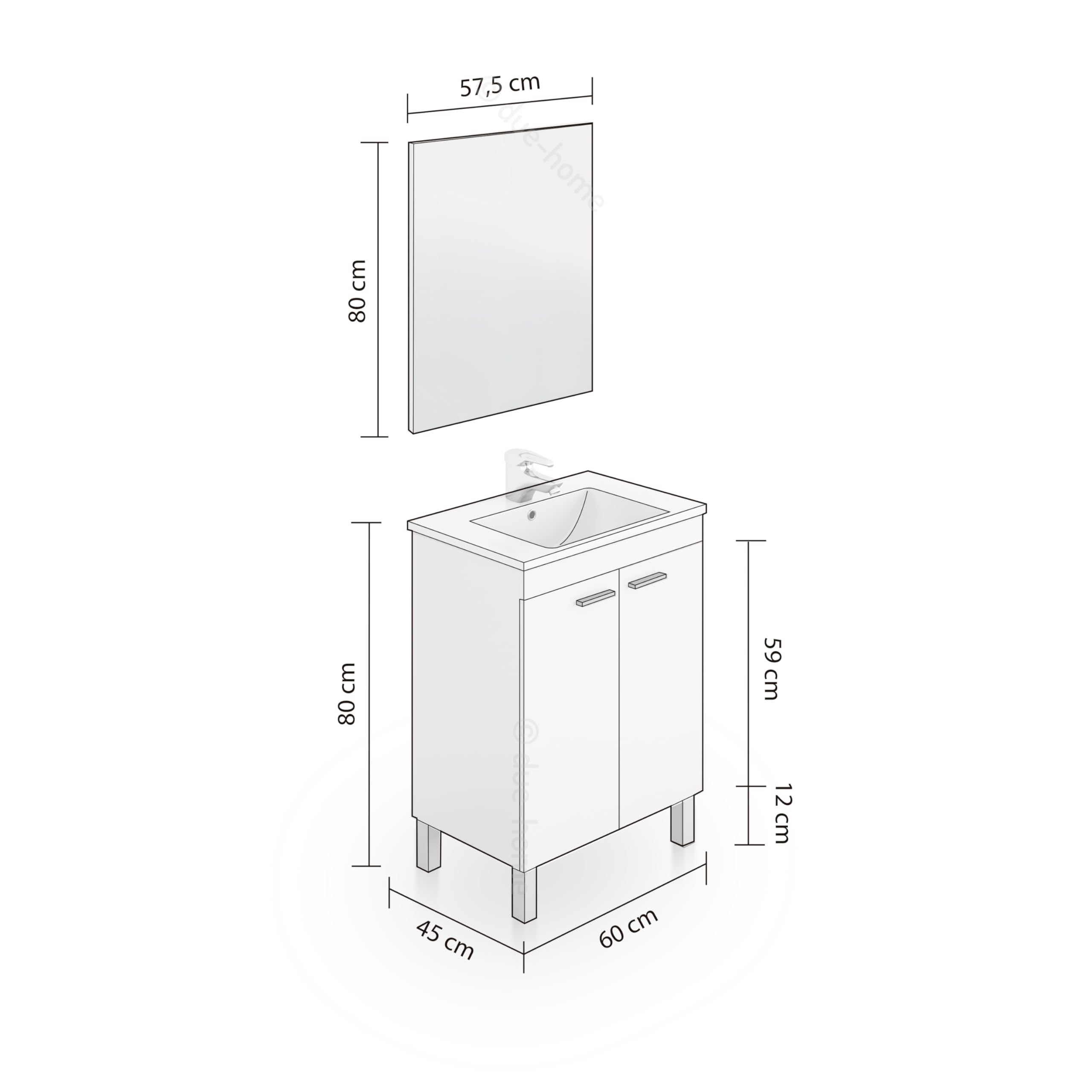 duehome | Mueble de Baño con 2 Puertas y Espejo, Modulo Baño, Modelo Liz, Acabado en Blanco Brillo, Medidas: 60 cm (Ancho) x 80 cm (Alto) x 45 cm (Fondo)