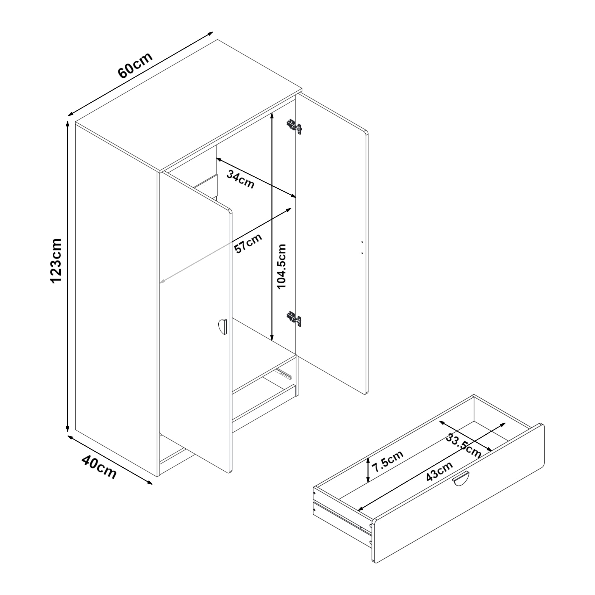 [en.casa] Armoire pour Enfants avec 2 Portes avec Poignées Centrales Barre de Penderie Tiroir Dressing Rangement MDF Panneau de Particules 123 x 60 x 40 cm Blanc Vert Menthe