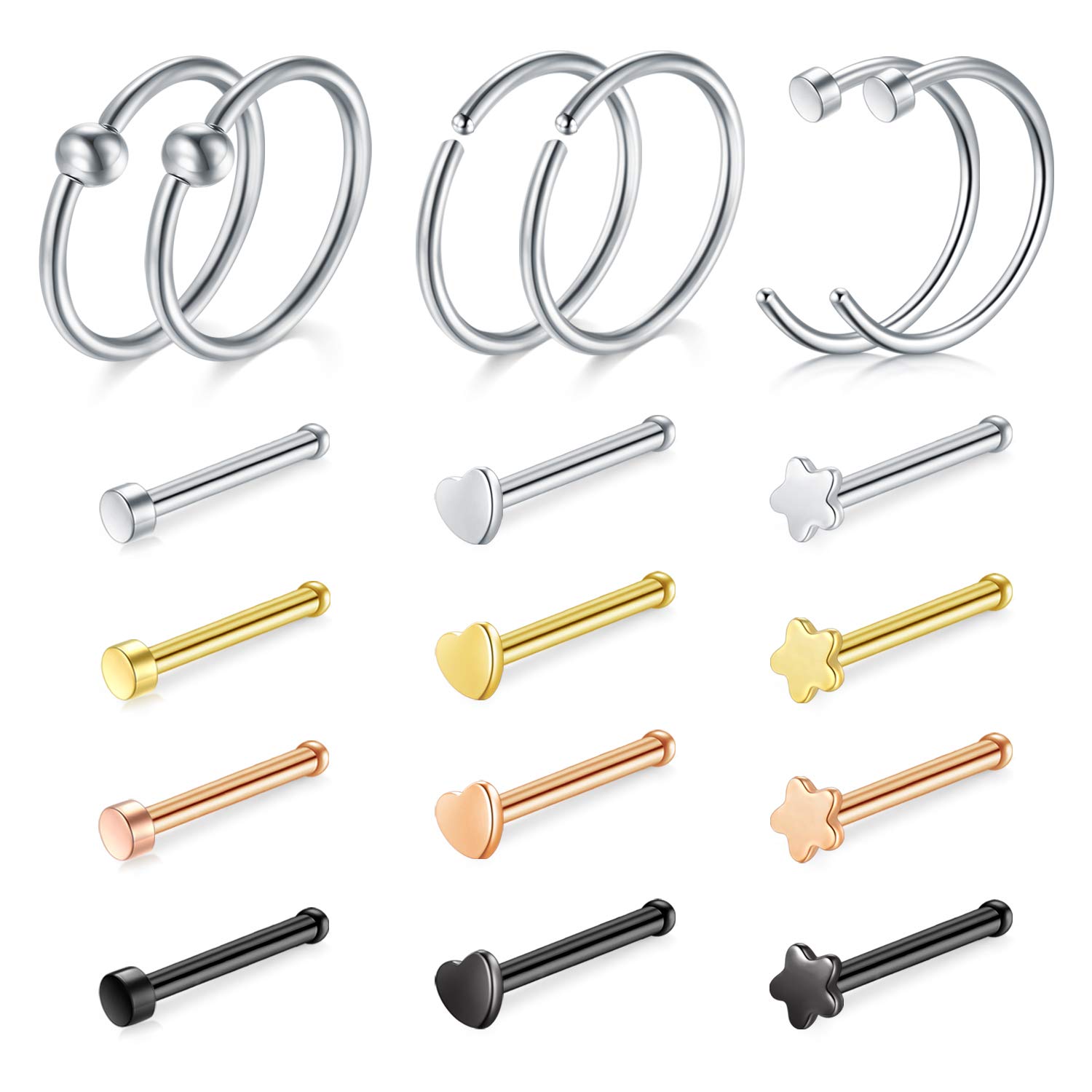 Longita 9-15 Piezas Piercing Nariz Anillos Nariz Studs Nariz Screw 20G Acero Inoxidable CZ Inlaid L Forma Derecho Nariz Stud Piercing Labret Stud Piercing Nariz Piercing Joyería