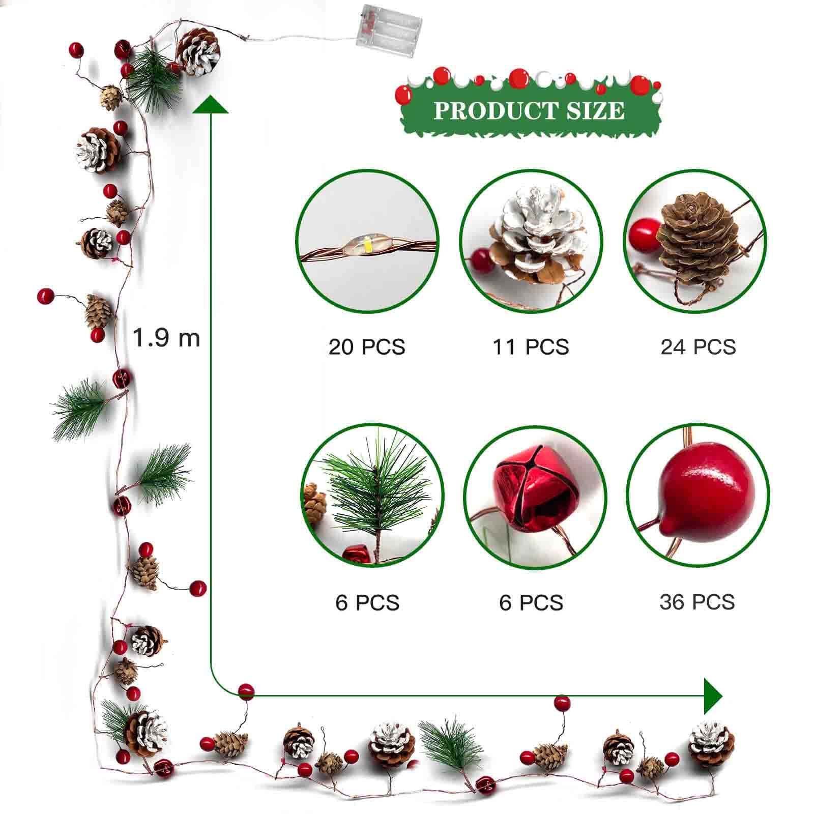 Ghirlanda Natalizia Artificiale con Luci, XVZ 20LED 2m Catena Luminosa Batteria con Aghi di Pino Pigne Rosso Bacche Campane per Natale Ringraziamento Capodanno Decorazione