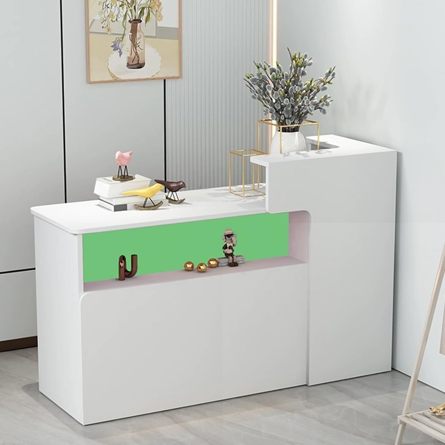 Reception Desk, Small L-Shape Front Reception Table, Reception Counter Desk with Lockable Drawers, Standing Retail Counter Table, for Salon Reception Room Checkout Office(Green-L,31.4"x19.6"x39