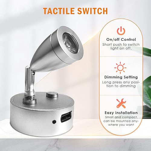 Miniatura 4 de 2 focos LED de 12 V a 24 V RV de tamaño pequeño, luz de lectura USB, puerto de carga USB, foco giratorio de 360, luz cálida de 3500 K regulable para