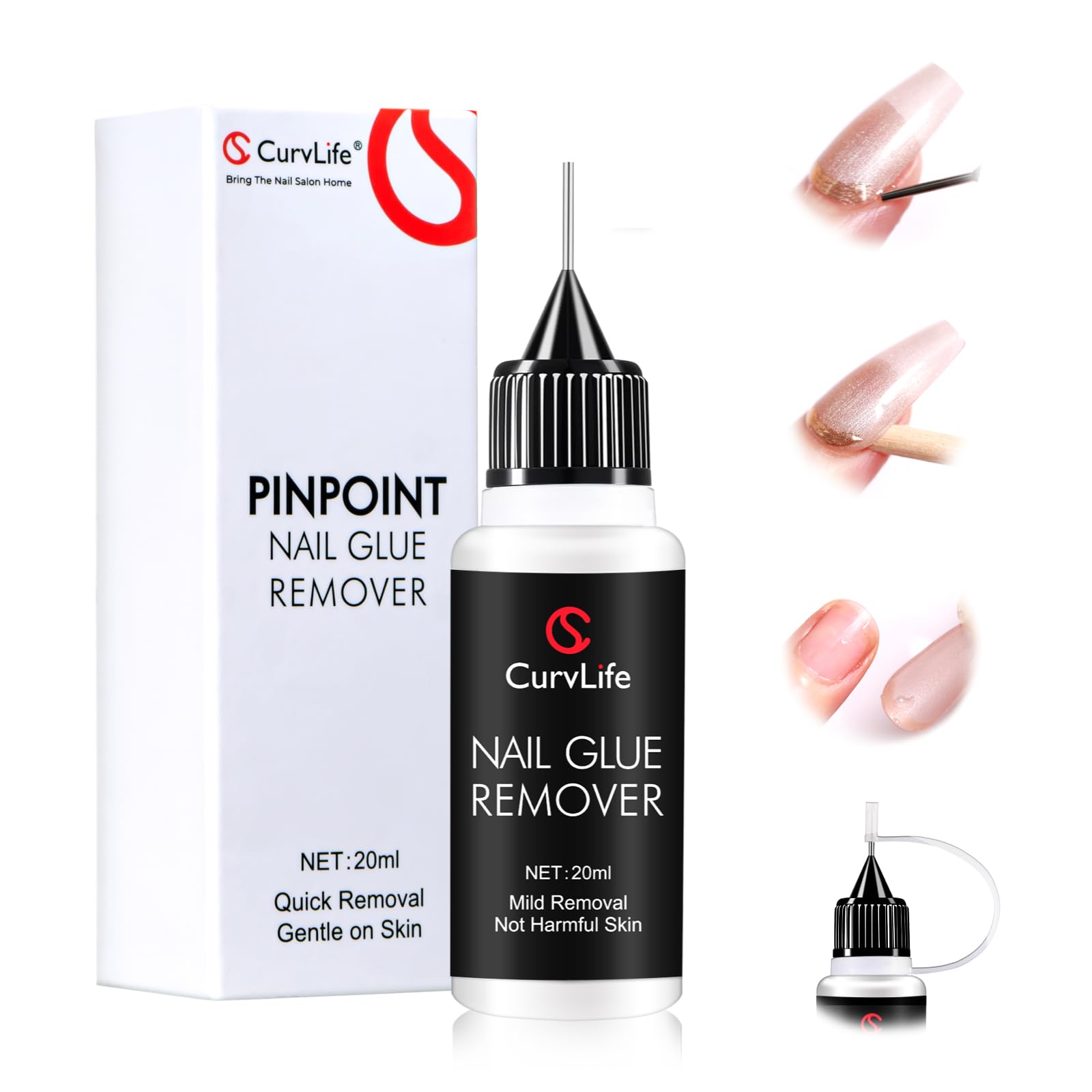 Curvlife Pinpoint Nail Glue Remover 20ml, Acetone-Free Gentle Dissolver for Press On Nails, Multi-Functional Remover for Nail Tips & Extensions, Quick Adhesive Debonder