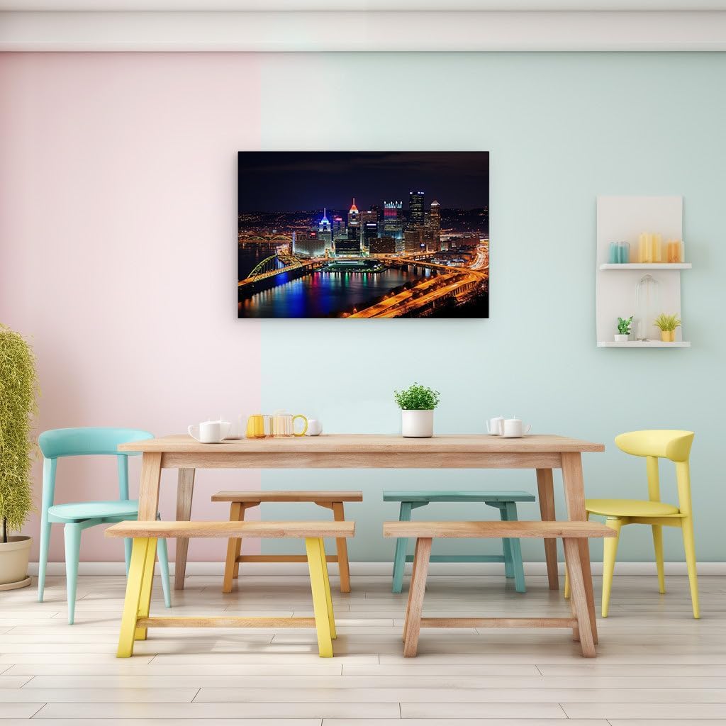 Canvas for Living room. Pittsburgh Nights: A Symphony of Light and Reflection, 27 x 18 inch Canvas Wall Art - Modern Home Decor
