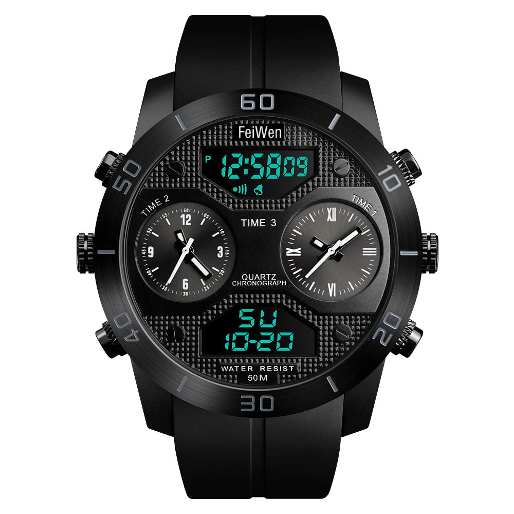 Homme Mode Analogique Quart LED Électronique Temps Trois Digital Montres Bracelet 50M Étanche Outdoor Militaires Sport Montre Chronomètre Calendrier (Noir)