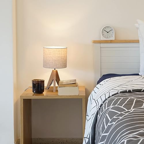 Miniatura 3 de DEWENWILS Lámpara de mesa de noche, lámpara de mesa con trípode de madera con pantalla de tela de lino, interruptor de atenuación en línea de mesa y