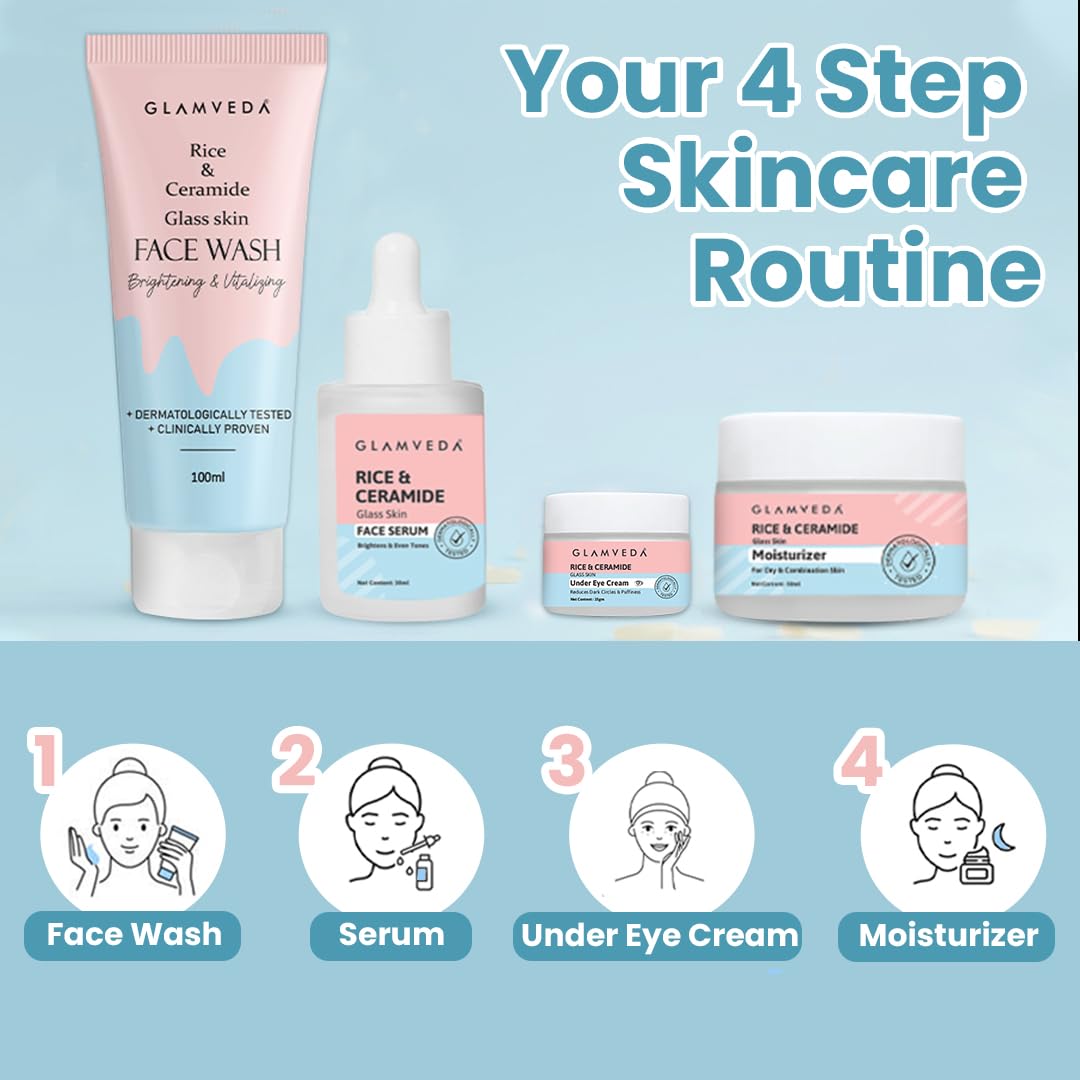 Glamveda Korean Rice & Ceramide 4 Step Daily Skincare Routine | Face wash, Serum, Under-eye cream, Moisturizer | For Clear Skin Brightening & Hydrated Skin | For Men & Women 4