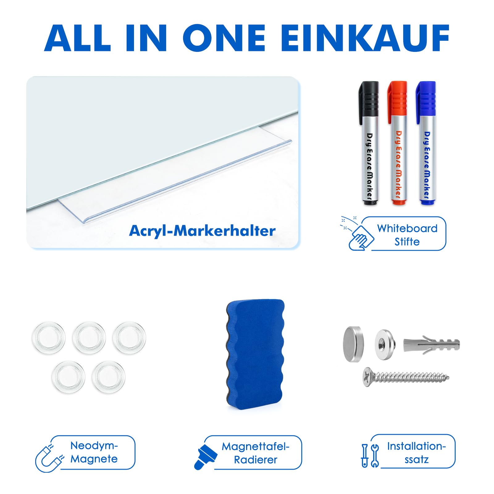 maxtek Magnetisches Glas-Whiteboard, 120 x 90 cm (Groß), Rahmenloses Gehärtetes Glasboard, Trocken Abwischbare Magnettafel, Modernes Memoboard inkl. 5 Neodym-Magneten, 3 Stiften, 1 Radiergummi
