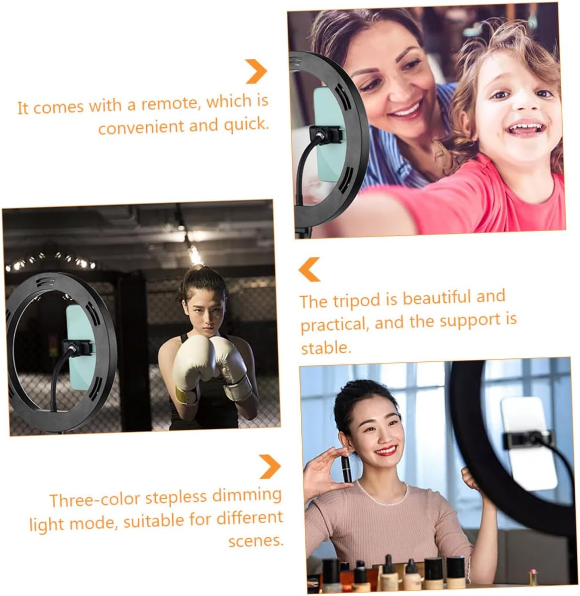 USB Integrated 10-Inch Fill Light Phone Stand with Remote, Adjustable Three-Color Dimmable Selfie Light Tripod Holder for Live Streaming and Makeup, Black