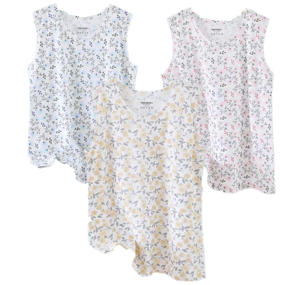 3Pack Middle Elderly Women’s Floral Womens Tank Sleeveless Square Round Neck Ruched Spring Summer Tee (US, Alpha, 5X-Large, Regular, Regular, Pink/Yellow/Blue)