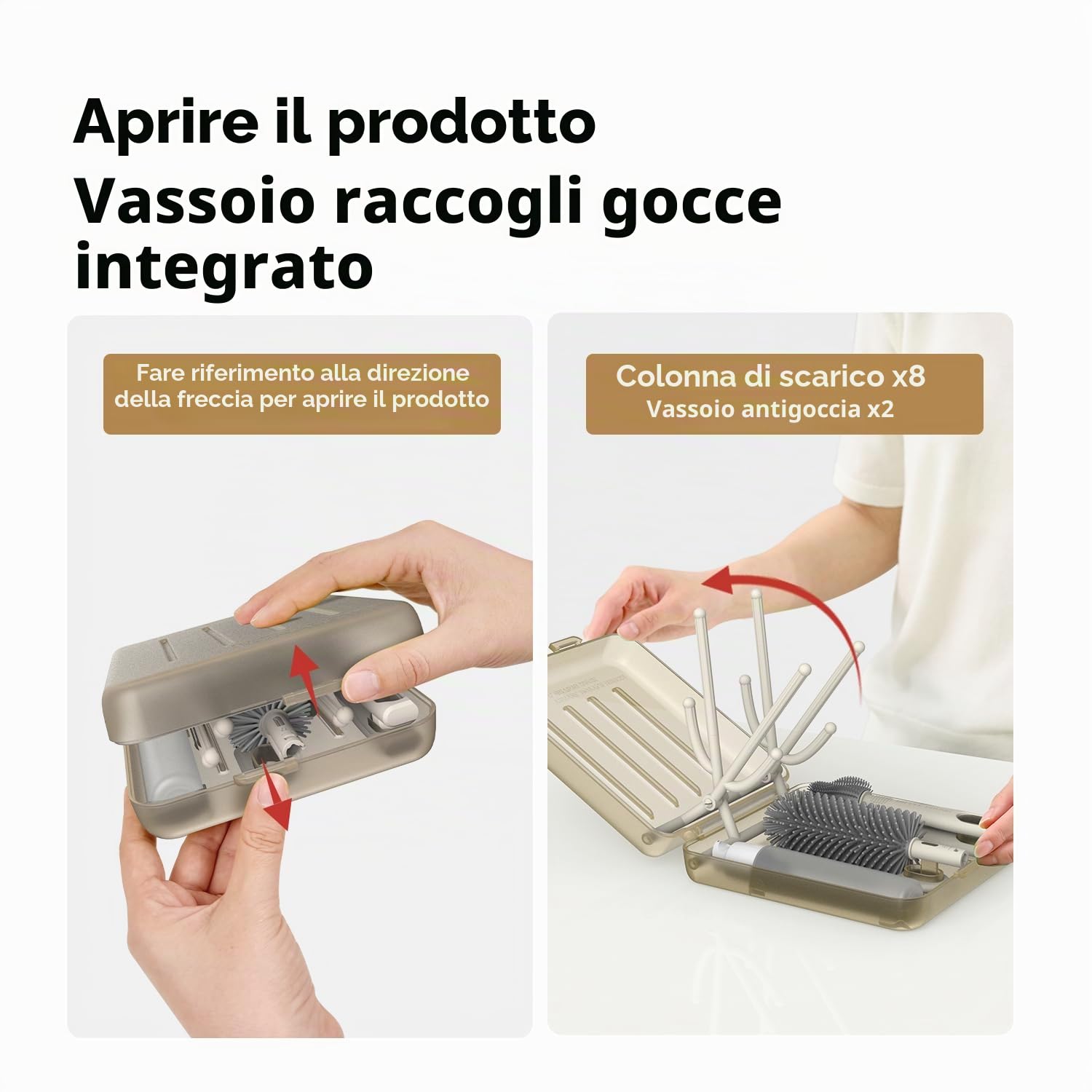 YOTIME Set Spazzole Biberon Viaggio con Scola Biberon Pieghevole, Apertura Automatica & Fessure di Asciugatura Verticale, 3 Spazzole + Dispenser, Essentials per Genitori in Viaggio, Caffè Chiaro