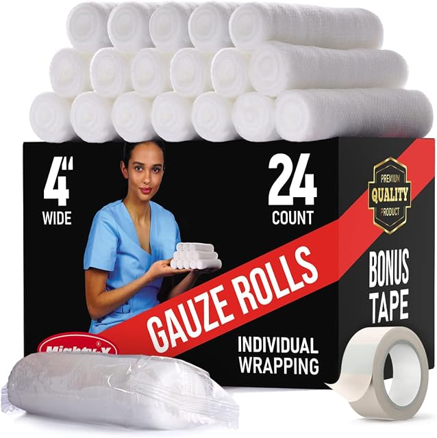 Premium Gauze Bandage Roll - 24 Pk - 10cm x 3.7m Conforming Bandage - Soft Gauze Roll + Bonus Medical Tape
