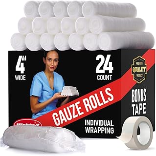 Sponsored Ad - Premium Gauze Rolls - 24 pack - 4" Individually Wrapped + Bonus Tape - First Aid Conforming Rolled Gauze