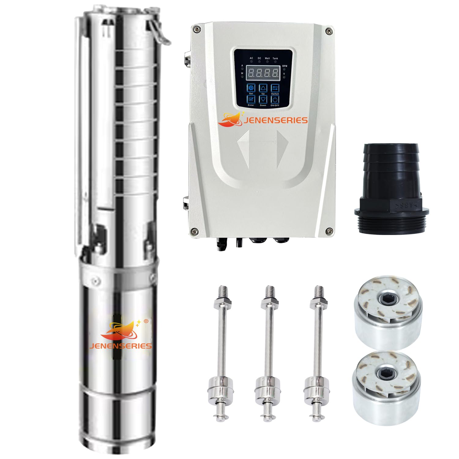 JENENSERIES Solar submersible Pump 4 inch 1100W 220VAC and 300VDC, Stainless deep well impeller pumps with max head 33m, 18m³/h Flow with MPPT AC/DC controller float switch kits for farm pumping