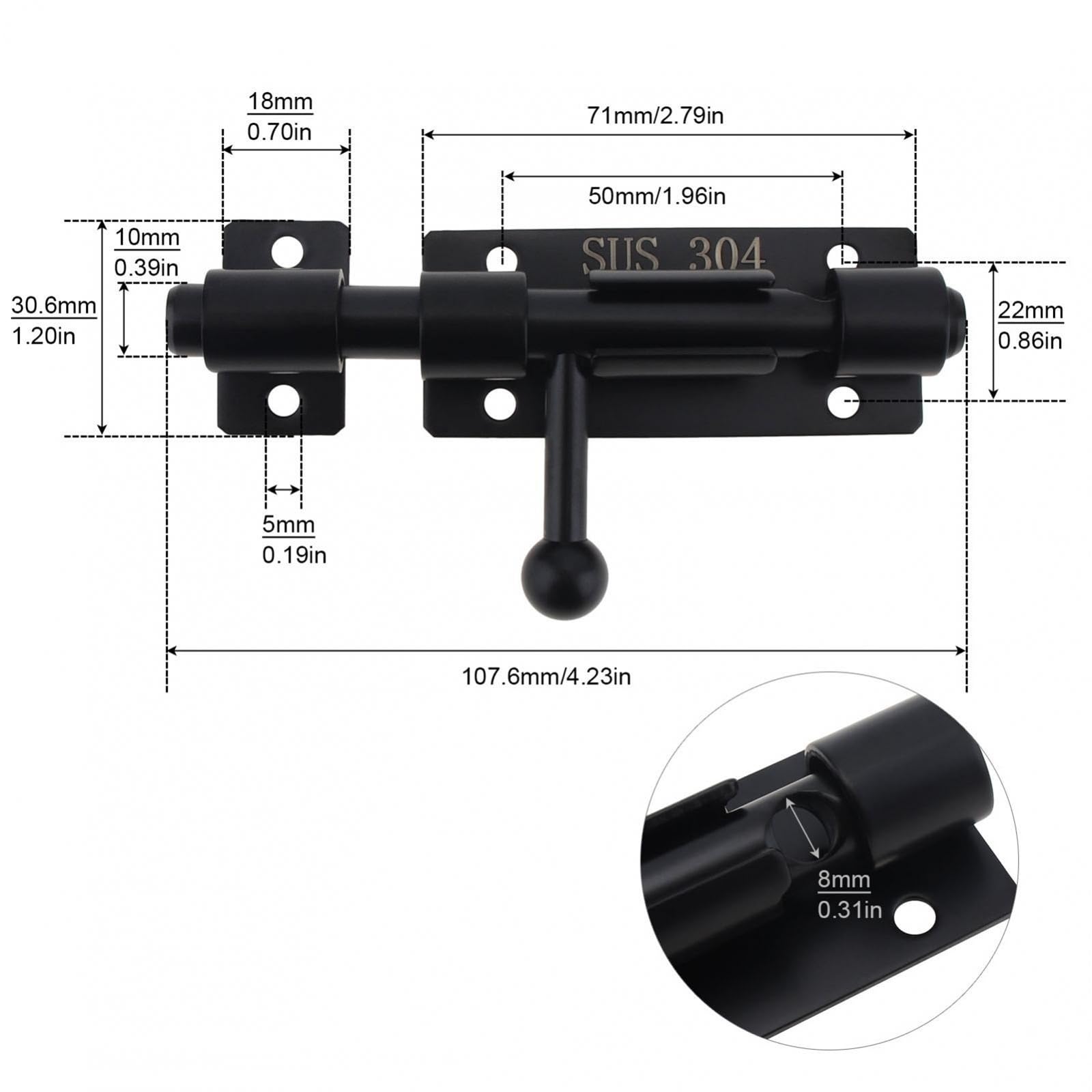 Serratura a bullone, bullone di bloccaggio della p Chiavistello for porta con bullone a botte in acciaio inossidabile 304 addensato da 4 pollici for armadio for porta e finestra con foro for lucchetto