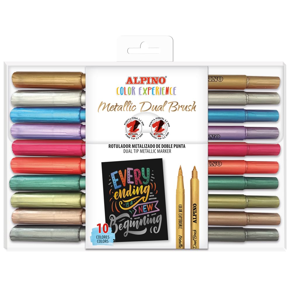 Alpino - 10 Rotuladores Dual Brush Metallic Color | Rotuladores Brillantes | Larga Duración y Resistencia | Diversidad de Colores | Creatividad sin Límites | Iniciación al Dibujo