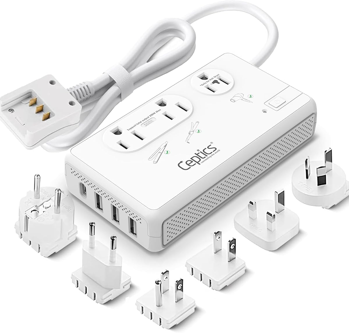Ceptics Voltage Converter, 200W + 2000W, 4 USB Ports, 6 SWadAPt Plugs | QC 3.0 fast charging. 2000W & 200W outlets. Includes Type A/B/C/E/F/G/I plugs for worldwide travel.