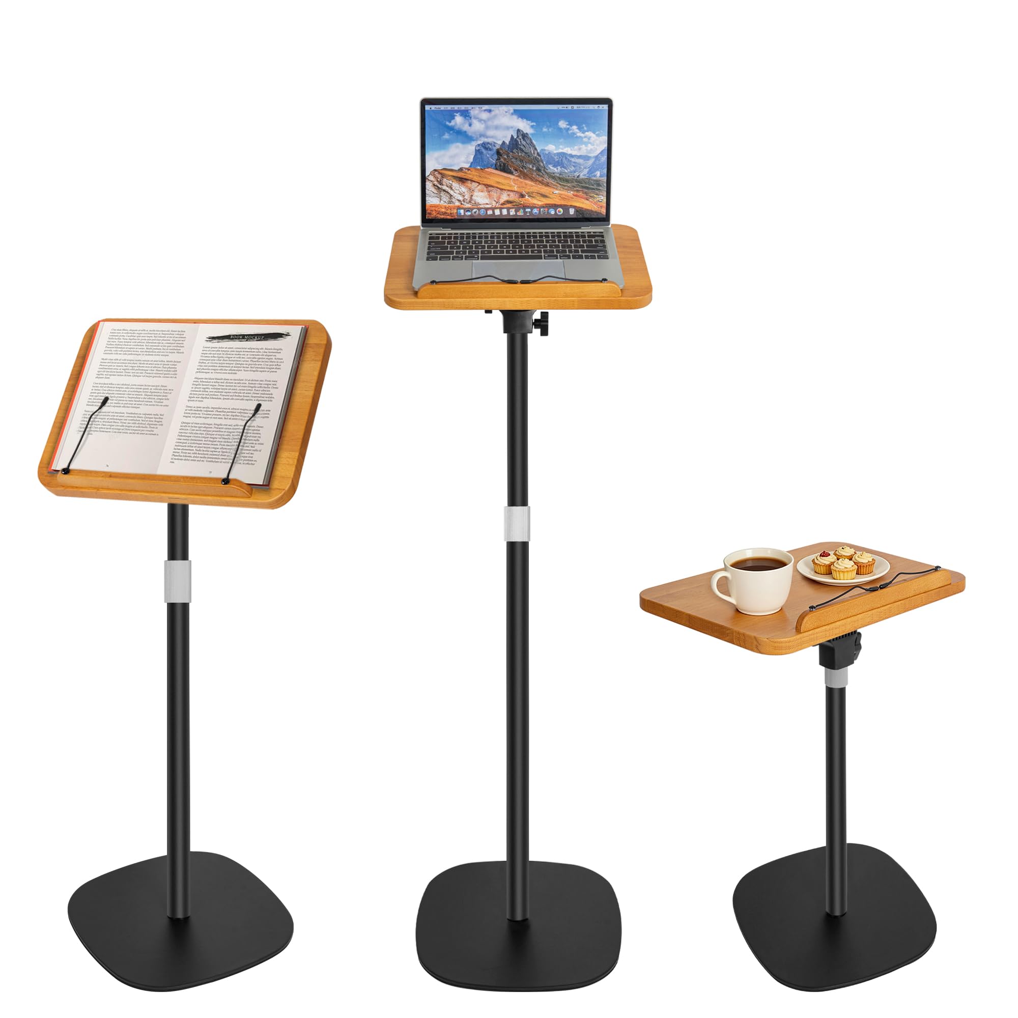 OUUTMEE Stojak do czytania, podnoszony stolik pomocniczy, regulacja kąta, metalowa struktura, laptop, książka kucharska, deska kreślarska, drewno, ruchomy pulpit mównicy, czarny, 50-130 cm