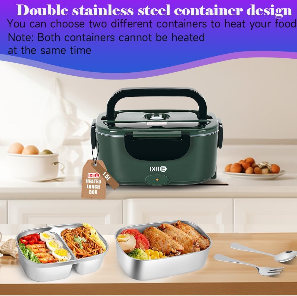 IXIIE Electric Lunch Box 80W Food Warmer for Work, 12V/24V/110V Portable Lunch Warmer for Adults with 2-Pack Stainless Steel Containers, Heated Lunch Box for Car/Truck/Office/Outdoors