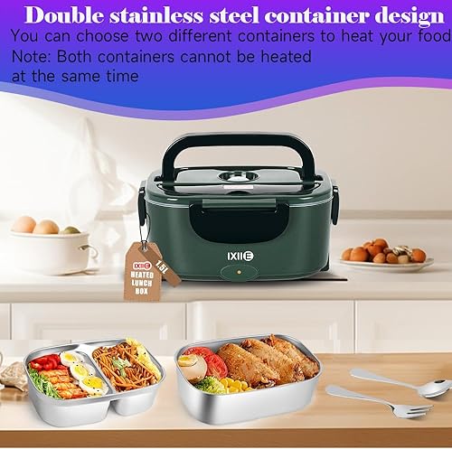 Miniatura 3 de Lonchera eléctrica de 80W, calentador de alimentos para el trabajo, 12V/24V/110V, lonchera portátil para adultos con 2 envases de acero inoxidable,