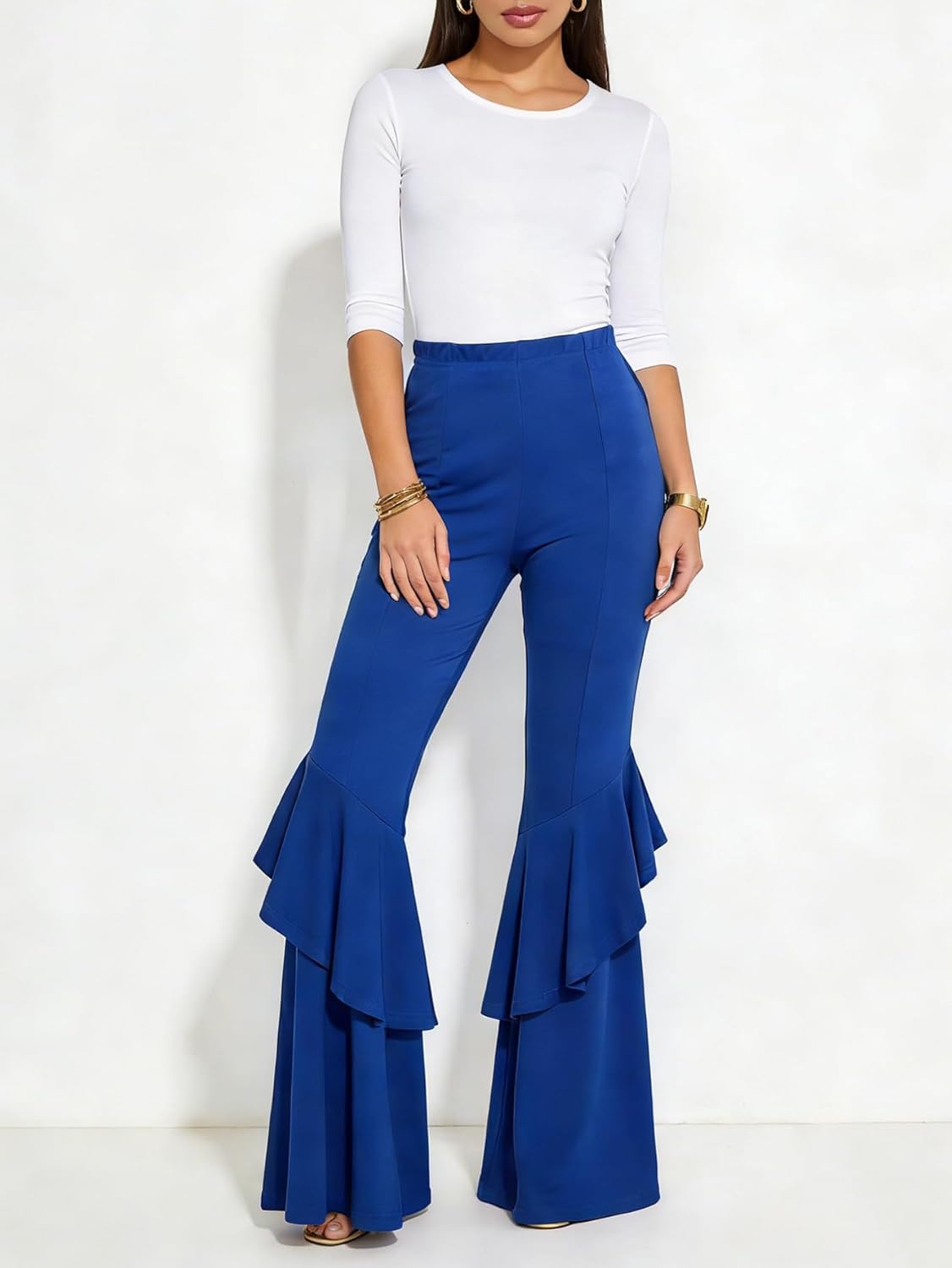 GUOLEZEEV Womens High Waisted Ruffle Flare Fit Pants Solid Color Wide Leg Trousers