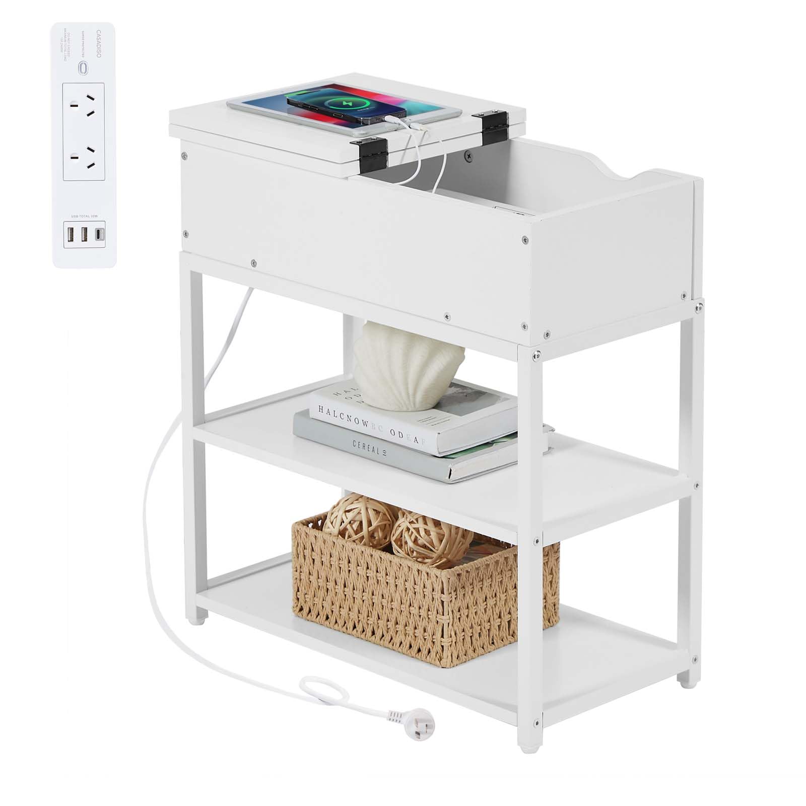 CASADISO Bedside Table with Power Board : (AU Standards) 3-Tier Narrow ...