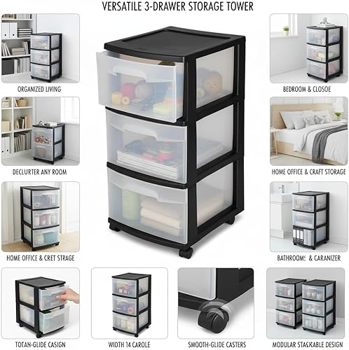 Miniatura 5 de Carrito de almacenamiento transparente de 3 cajones - Multifuncional, organización portátil para el hogar, color negro